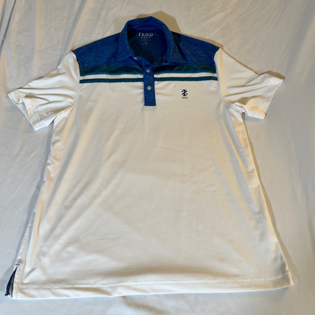 Izod Mens Golf Shirt Polo Swing Flex Striped Blue White Size Medium